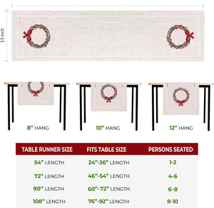 Holiday Wreath Embroidered Hemstitch Table Runner | Beige