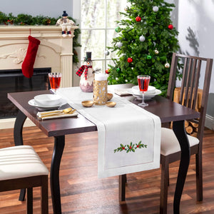 Holly Garland Embroidered Hemstitch Table Runner | White