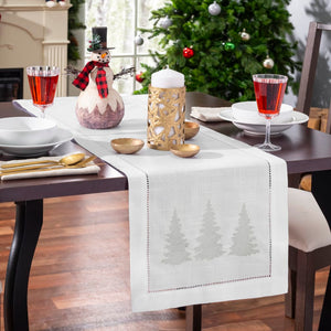 Silver Winter Trees Embroidered Hemstitch Table Runner | White