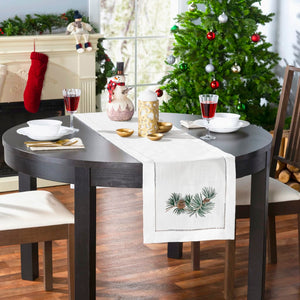 Pine Cone Branch Embroidered Hemstitch Table Runner | White