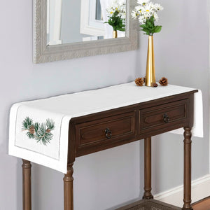 Pine Cone Branch Embroidered Hemstitch Table Runner | White