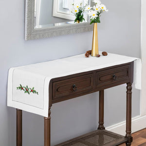 Holly Garland Embroidered Hemstitch Table Runner | White