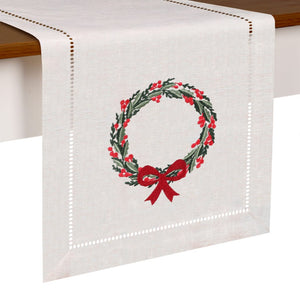 Holiday Wreath Embroidered Hemstitch Table Runner | Beige