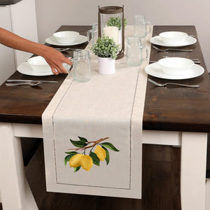 Lemon Branch Embroidered Hemstitch Table Runner | Natural Beige