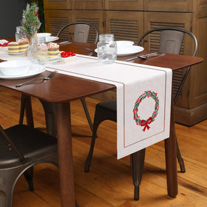 Holiday Wreath Embroidered Hemstitch Table Runner | Beige