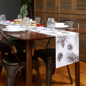 Pine Cone Branch Print Table Runner | Dark Brown, White