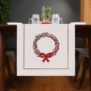 Holiday Wreath Embroidered Hemstitch Table Runner | Beige