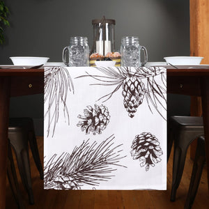 Pine Cone Branch Print Table Runner | Dark Brown, White