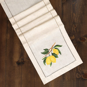 Lemon Branch Embroidered Hemstitch Table Runner | Natural Beige
