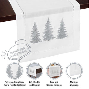Silver Winter Trees Embroidered Hemstitch Table Runner | White
