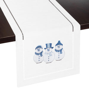 Snowman Embroidered Hemstitch Table Runner | White