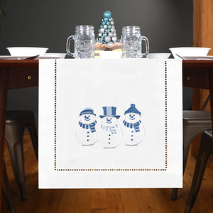 Snowman Embroidered Hemstitch Table Runner | White