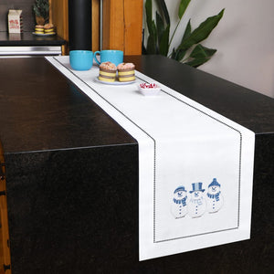 Snowman Embroidered Hemstitch Table Runner | White