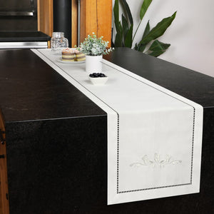 Rose Embroidered Hemstitch Table Runner | Off White
