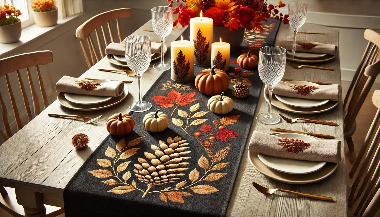 Fall Table Runners for Rustic Autumn Kitchen Decor and Halloween Table Decorations. Perfect for Thanksgiving as well.