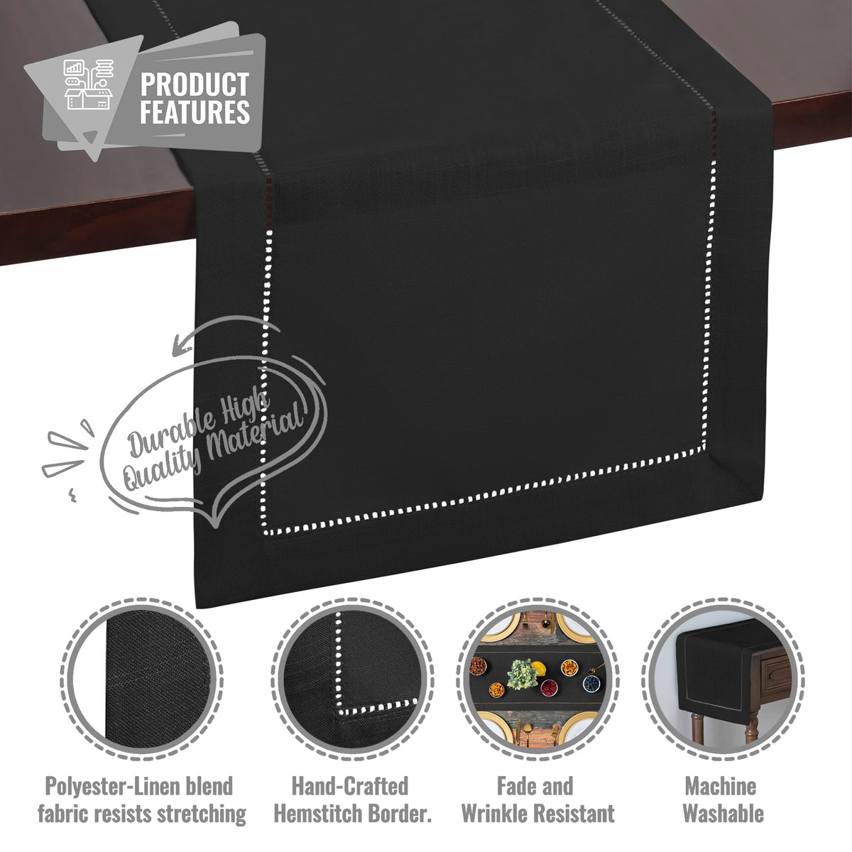 Rustic Farmhouse Hemstitch Table Runner | Black