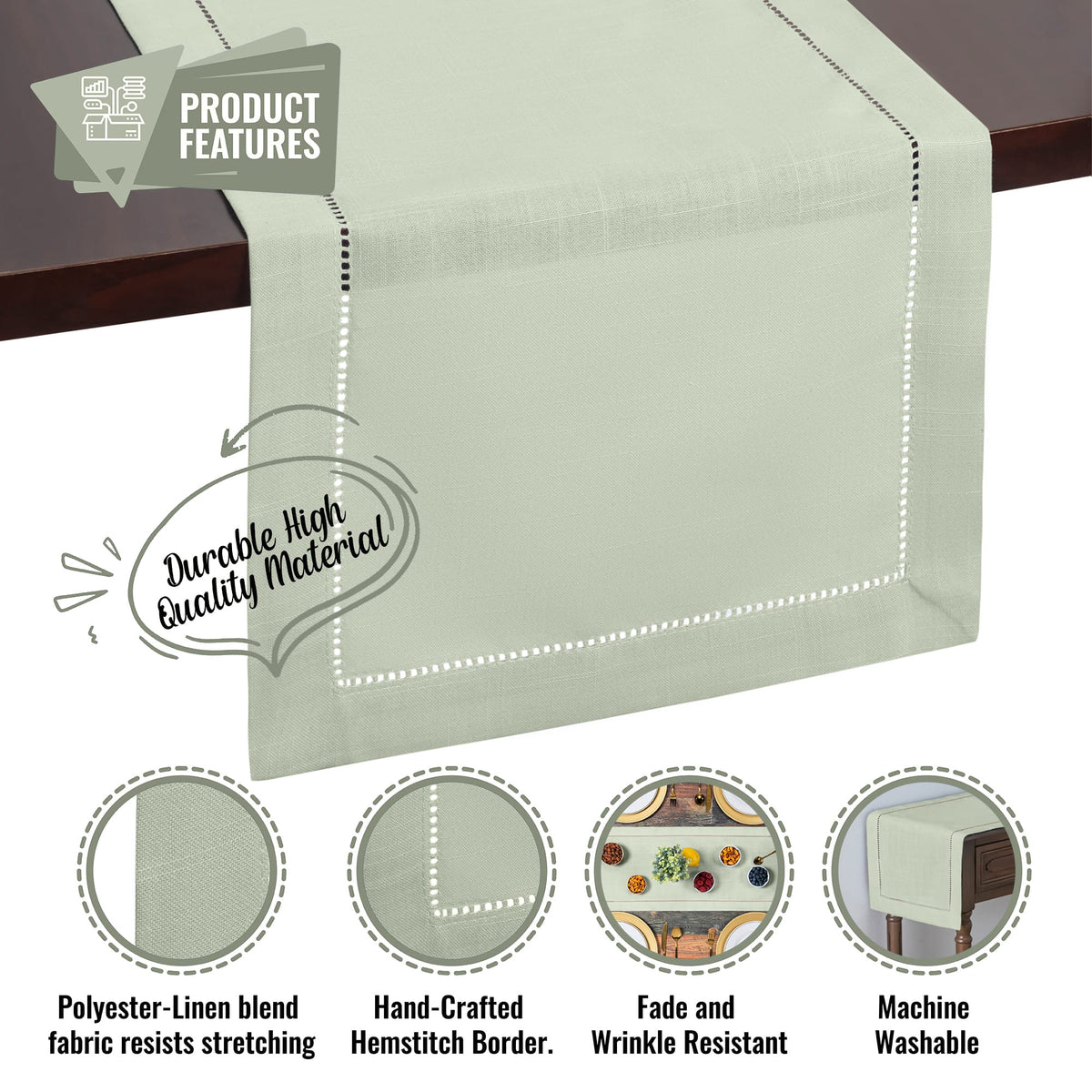 Rustic Farmhouse Hemstitch Table Runner | Sage Green