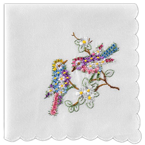 Women's Handkerchief Cotton White with Birds and Flower Embroidery (Pack of 2)