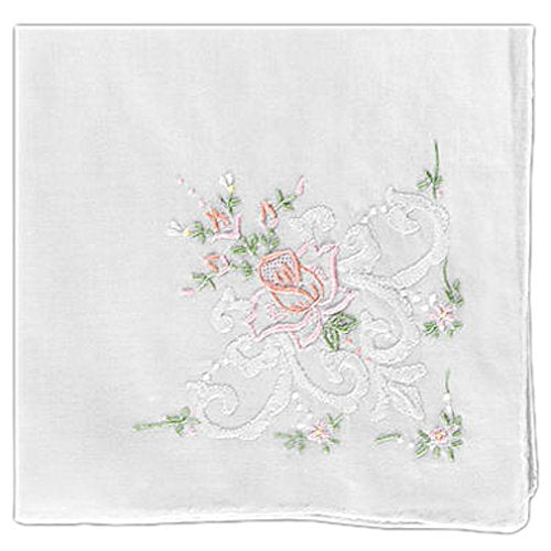 Women's Handkerchief White Fine Cotton Inch with Floral Rose Embroidery (Pack of 2)