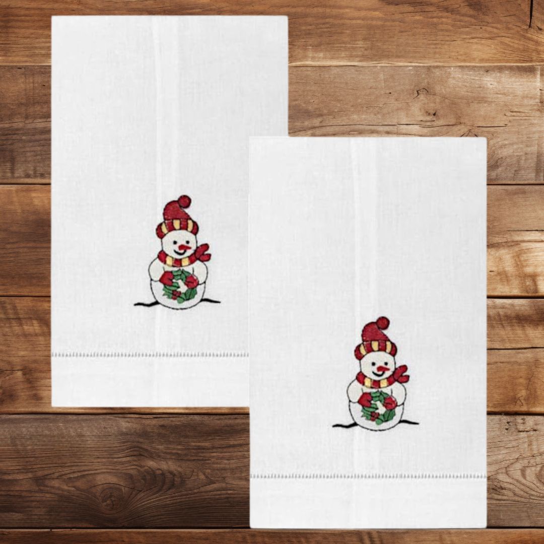 Winter Christmas Snowman Embroidered Holiday Kitchen Guest Tea Hand Towels White with Hemstitch Border 14 X 22 Inch (Set of 2)