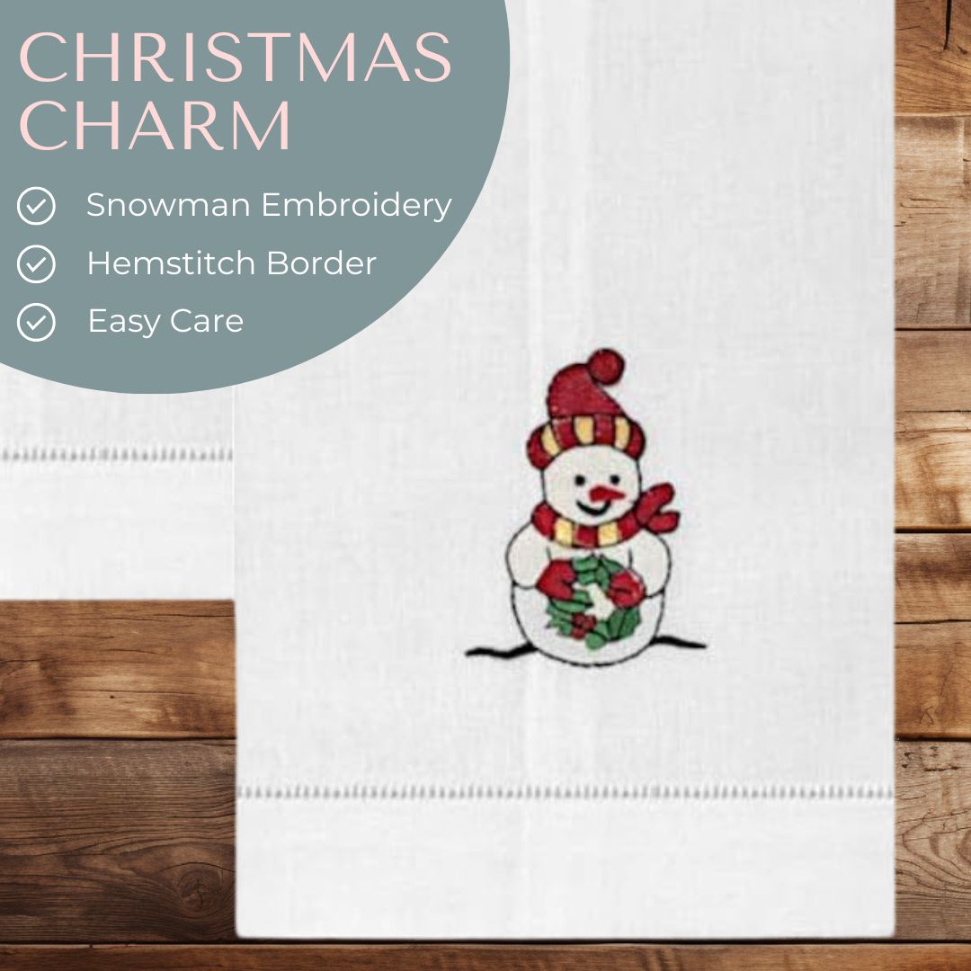 Winter Christmas Snowman Embroidered Holiday Kitchen Guest Tea Hand Towels White with Hemstitch Border 14 X 22 Inch (Set of 2)