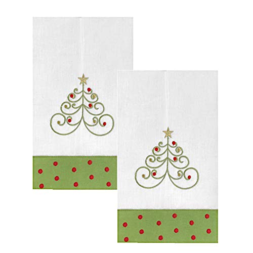 Holiday Green and Red Christmas Tree Embroidery Design Kitchen Guest Tea Hand Towels White with Hemstitch Border 14 X 22 (Set of 2)