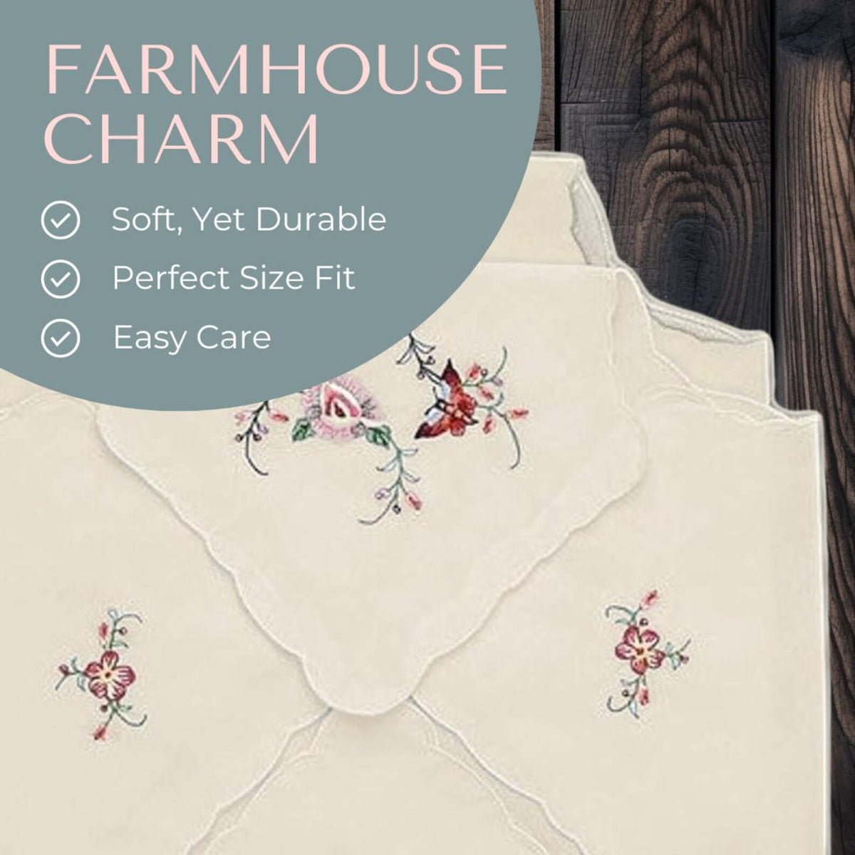 Butterfly and Floral Embroidered Design Bread Basket Liners Bun Warmers Beige Ecru 18" X 18" Perma-Press Cloth (Set of 2)