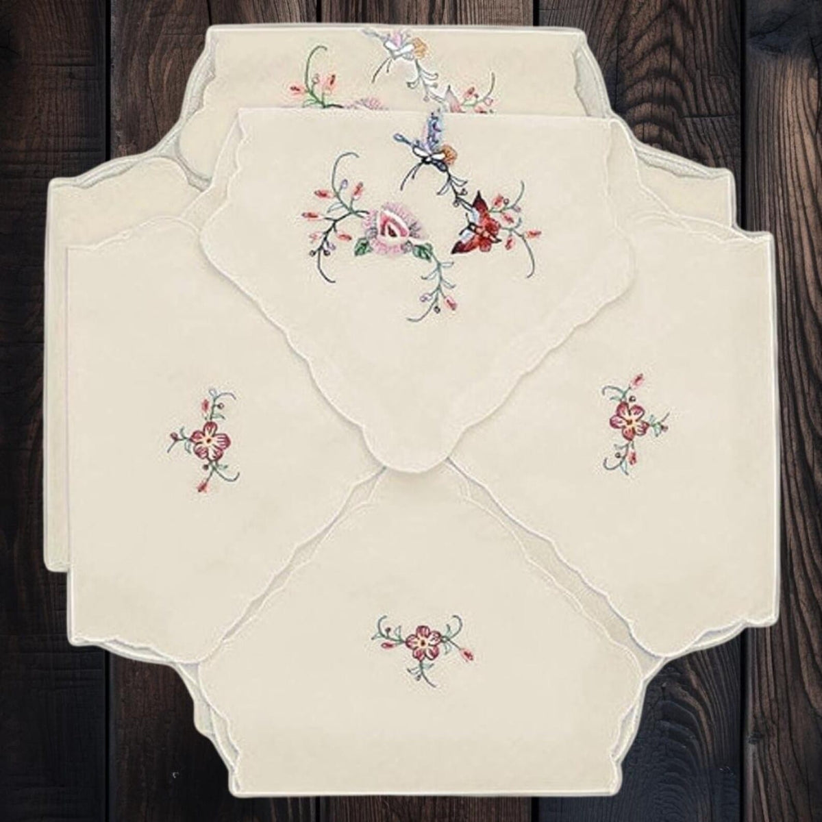 Butterfly and Floral Embroidered Design Bread Basket Liners Bun Warmers Beige Ecru 18" X 18" Perma-Press Cloth (Set of 2)