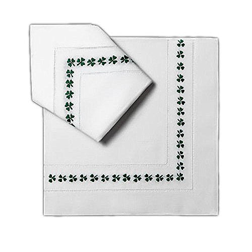 Green Shamrock Embroidered Design and Hemstitch Ladder Border Dinner Napkins White Pure Linen Cloth 22 X 22 Inch (Set of 4)