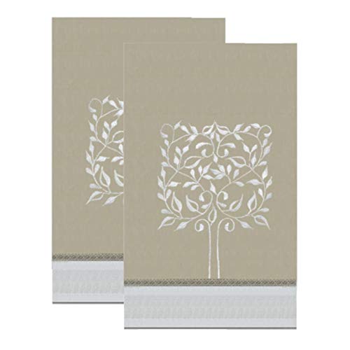 Ecru Beige Tree Embroidery Design Kitchen Tea Hand Towels with Hemstitch Border 14 X 22 Inch (Set of 2)