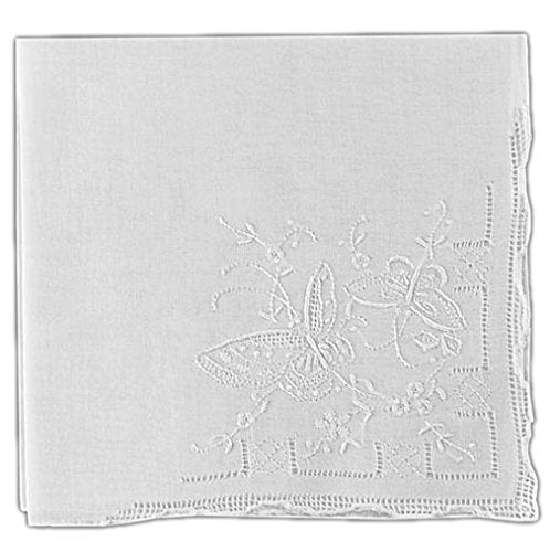 Women's Handkerchief White Fine Cotton 13 X 13 Inch with Butterfly Embroidery (Pack of 2)