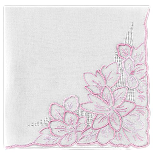 Women's Handkerchief White Fine Cotton Inch with Magenta Pastel Flower Embroidery (Pack of 2)