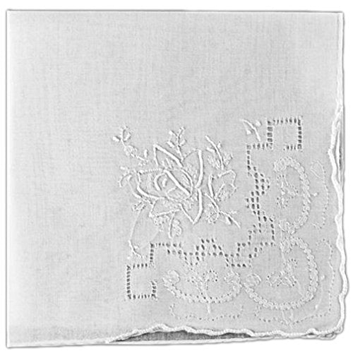 Women's Handkerchief White Fine Cotton Inch with Madeira Rose Whitework Embroidery (Pack of 2)