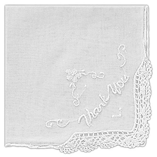 Women's Handkerchief White Fine Cotton Inch with Thank You Embroidery and Crochet Lace Edge (Pack of 2)