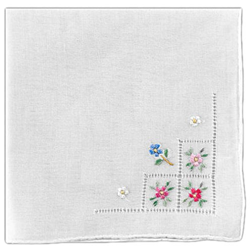 Women's Handkerchief White Fine Cotton Inch with Colorful Flower Madeira Embroidery and Hemstitch (Pack of 2)