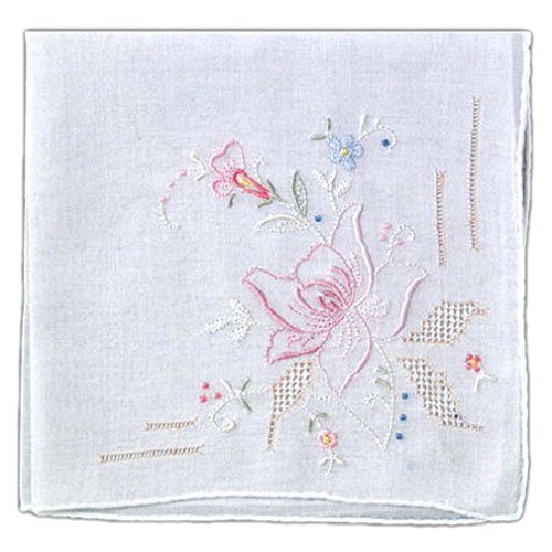Women's Handkerchief White Fine Cotton 13 X 13 Inch with Pastel Flower Embroidery (Pack of 2)