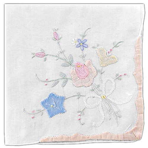 Women's Handkerchief White Fine Cotton 13 X 13 Inch with Pastel Flower Embroidery and Pink Trim (Pack of 2)