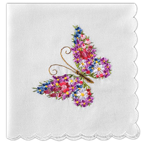 Women's Handkerchief Cotton White 11 X 11 Inch with Butterfly Embroidery (Pack of 2)