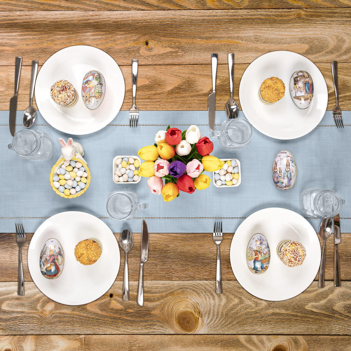 Rustic Farmhouse Hemstitch Table Runner | Dusty Blue