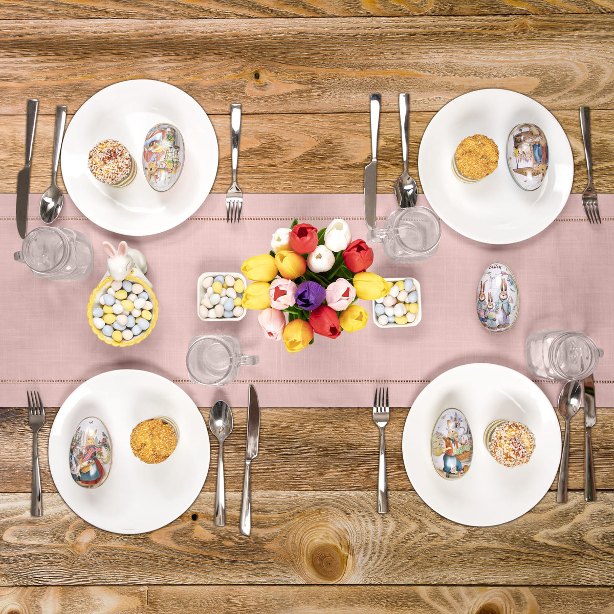Rustic Farmhouse Hemstitch Table Runner | Rose Gold Pink