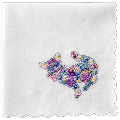 Women's Handkerchief Cotton White with Cat Embroidery and Scallop Edges (Pack of 2)