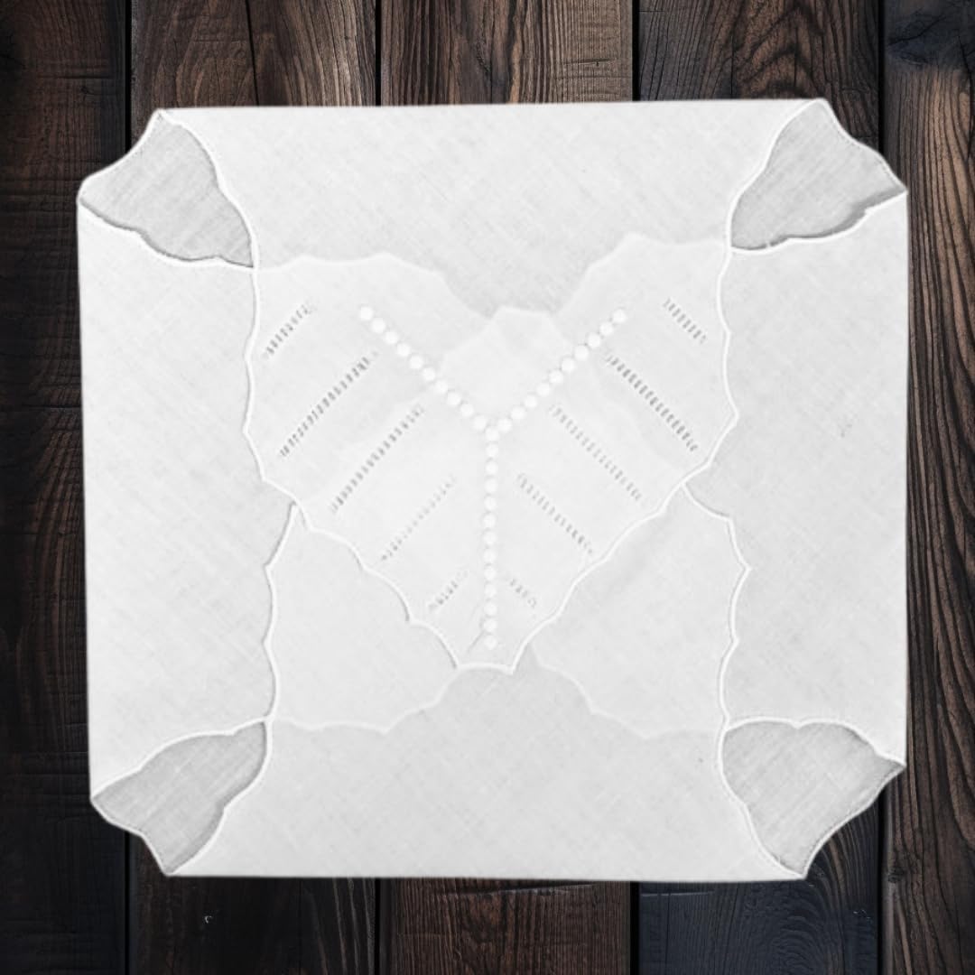 Embroidered Hemstitch and Dots Design Bread Basket Liners Bun Warmers White Linen Cloth 18 x 18 Inch (Set of 2)