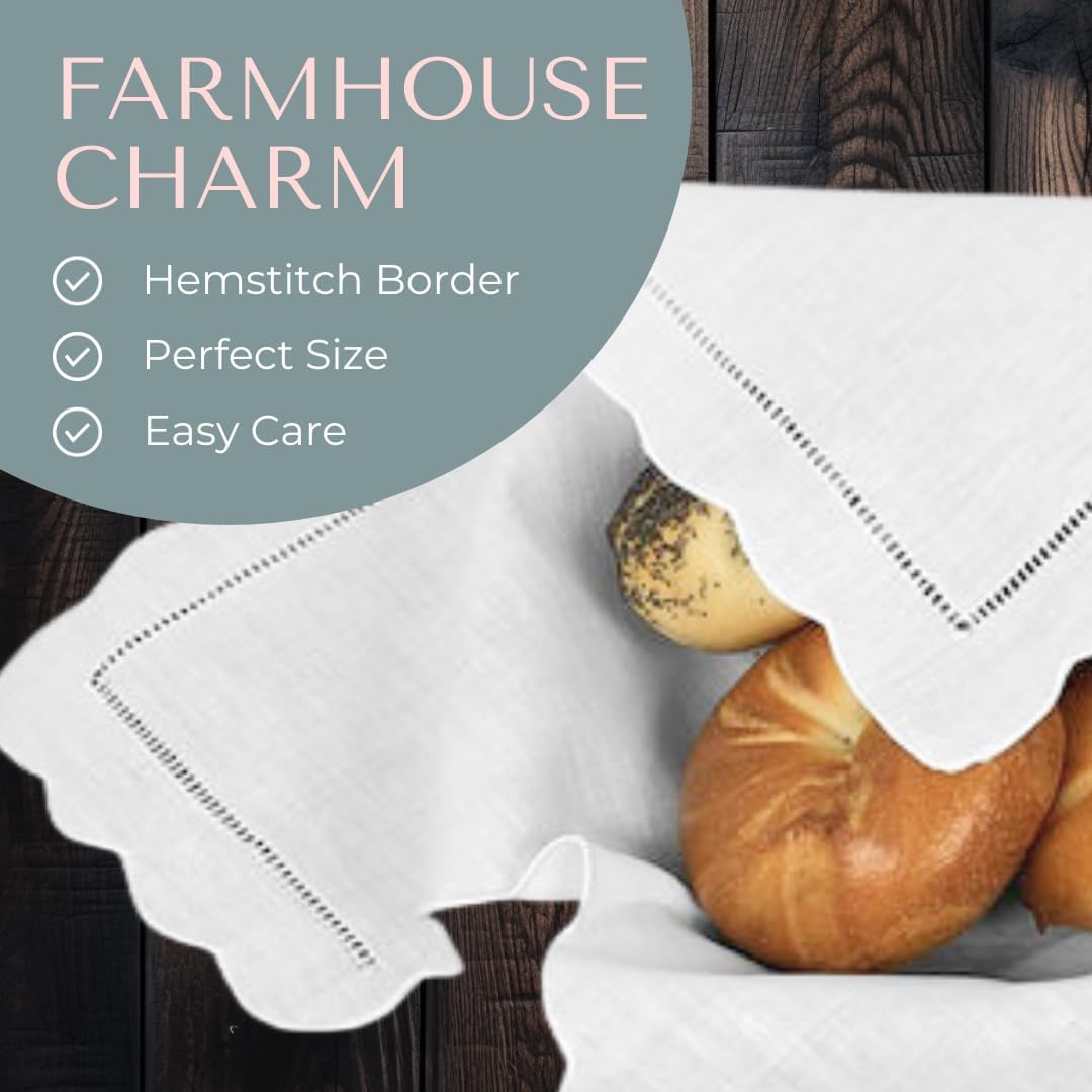 Bread Basket Liners White Cloth Bun Warmers with Hemstitch Border Design Pattern 18 X 18 Inch (Set of 2)