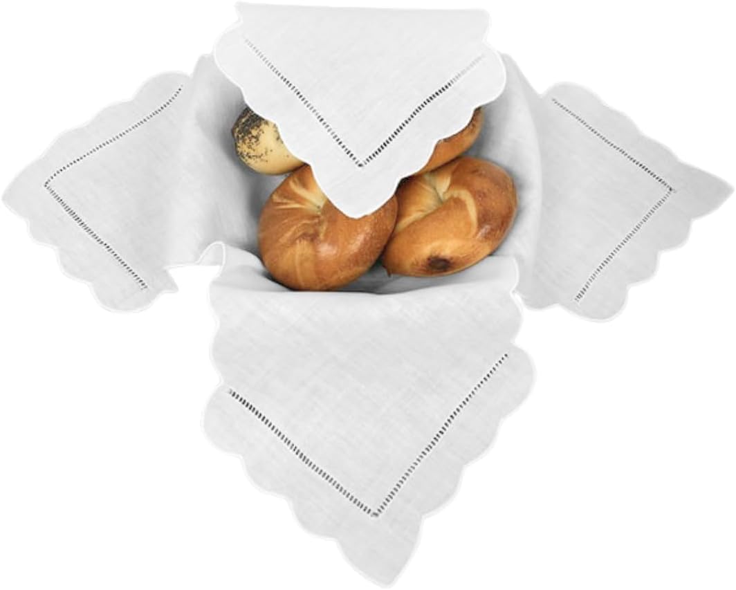 Bread Basket Liners White Cloth Bun Warmers with Hemstitch Border Design Pattern 18 X 18 Inch (Set of 2)