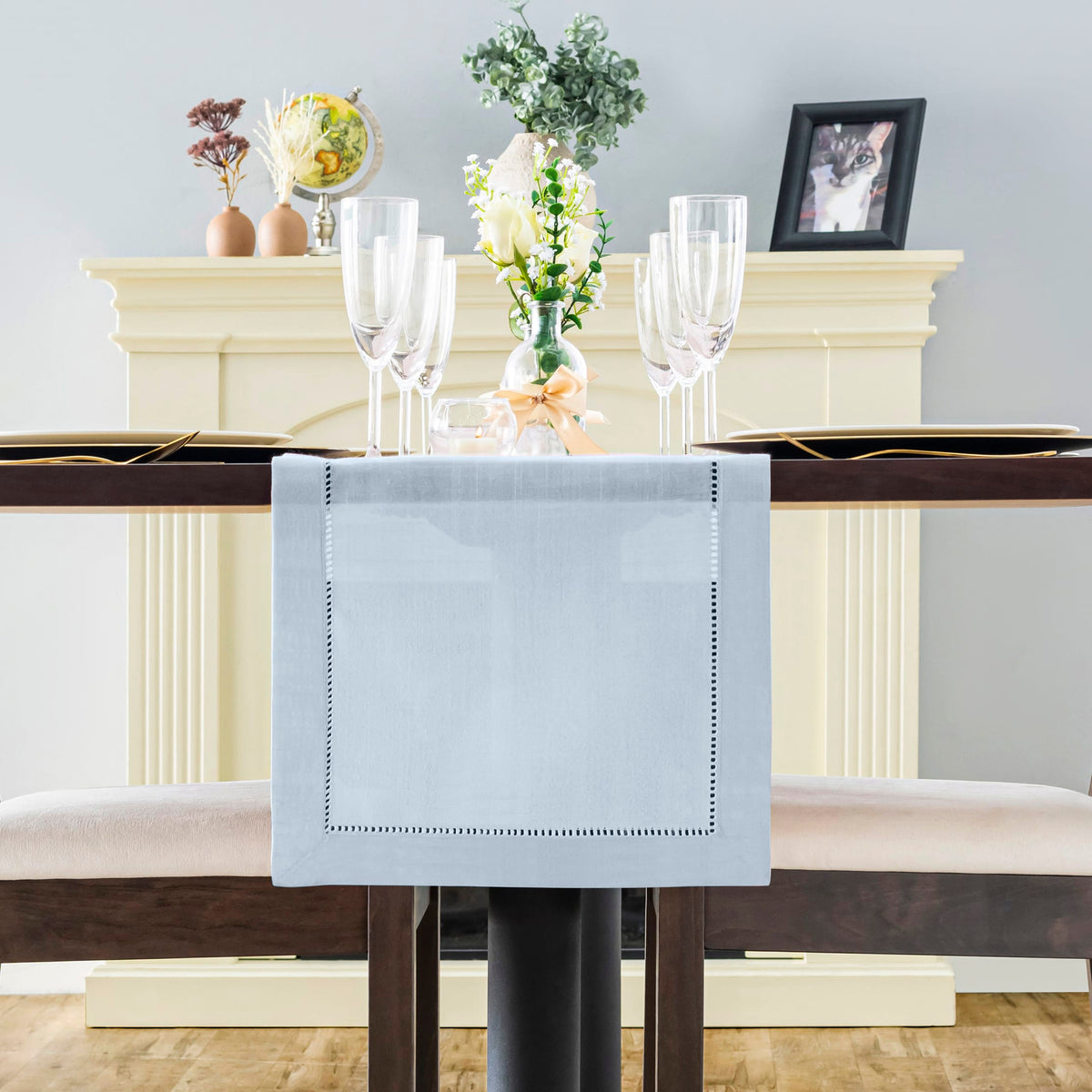Rustic Farmhouse Hemstitch Table Runner | Dusty Blue