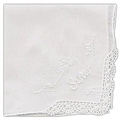 Women's Handkerchief White Fine Cotton Inch with Sister Embroidery and Crochet Lace Edge (Pack of 2)