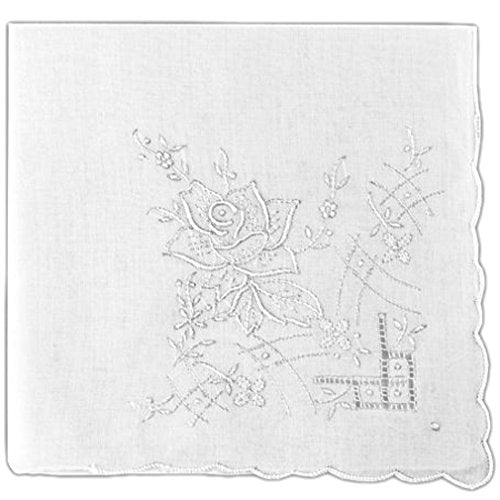 Women's Handkerchief White Fine Cotton 13 X 13 Inch Floral Whitework Embroidery