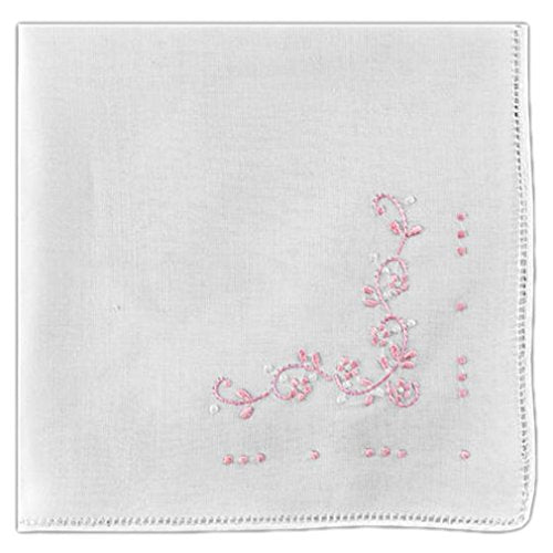 Women's Handkerchief White Fine Cotton Inch with Pink Scroll Embroidery and Spoke Edge (Pack of 2)