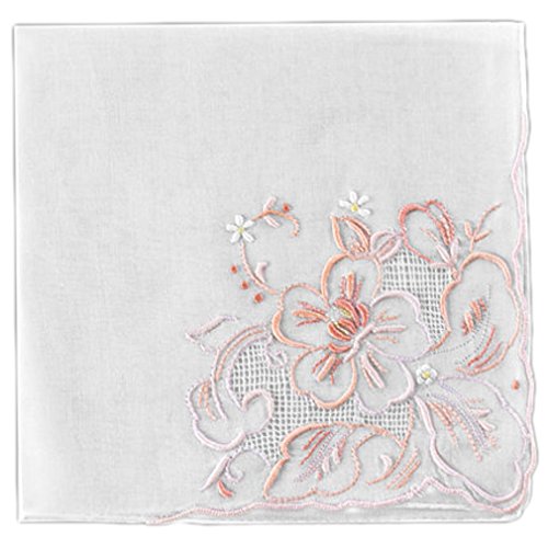 Women's Handkerchief White Fine Cotton Inch with Peach Pastel Flower Embroidery (Pack of 2)