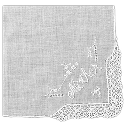 Women's Handkerchief White Fine Cotton 13 X 13 Inch with Mother Embroidery and Crochet Corner (Pack of 2)